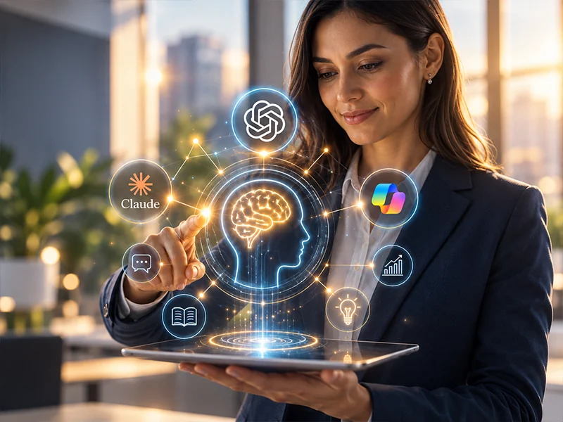 IA para PYMES: profesional con holograma de inteligencia artificial y asistentes de IA.