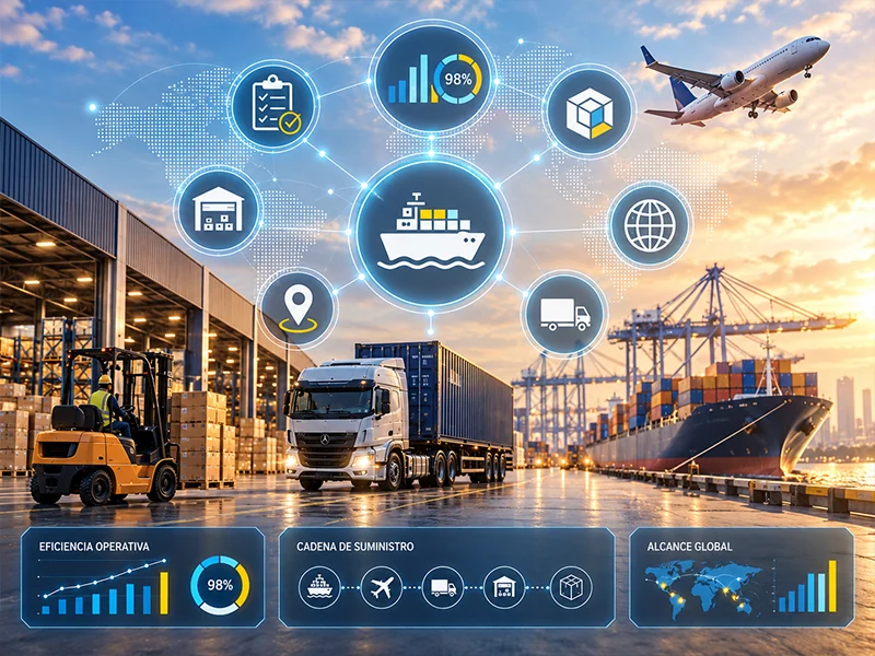 Logística: red de transporte global con puerto, camión y métricas de fill rate.