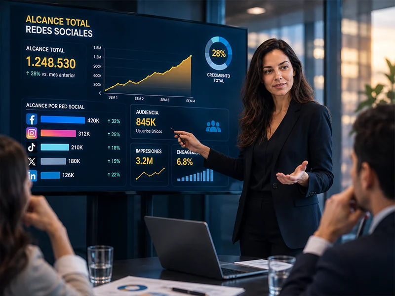 Mercadeo: presentadora señala un dashboard de alcance en redes sociales.