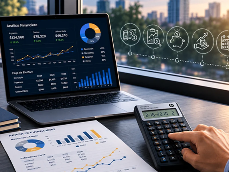 Revenue management: laptop con análisis financiero, reporte impreso y calculadora.