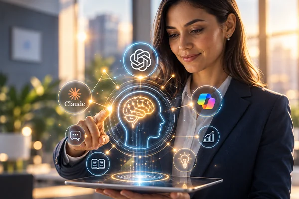 IA para PYMES: profesional con holograma de inteligencia artificial y asistentes de IA.
