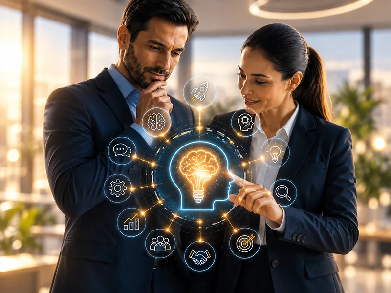 Innovación: dos profesionales interactúan con un holograma de ideas y un cerebro-bombilla.