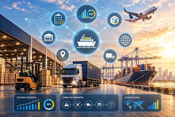 Logística: red de transporte global con puerto, camión y métricas de fill rate.