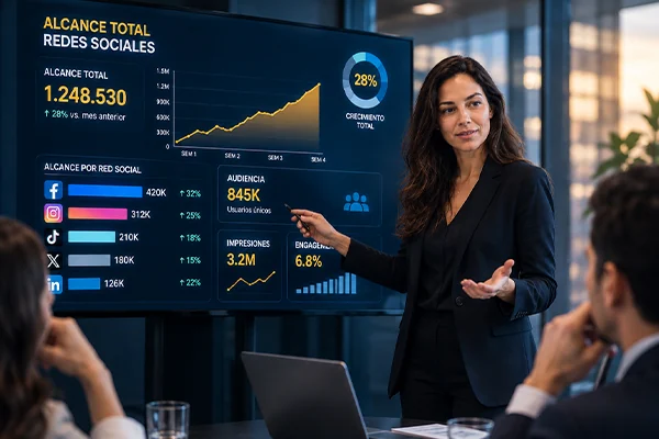 Mercadeo: presentadora señala un dashboard de alcance en redes sociales.