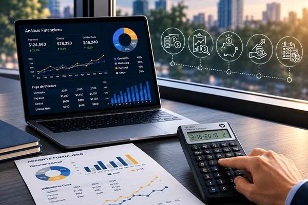 Revenue management: laptop con análisis financiero, reporte impreso y calculadora.